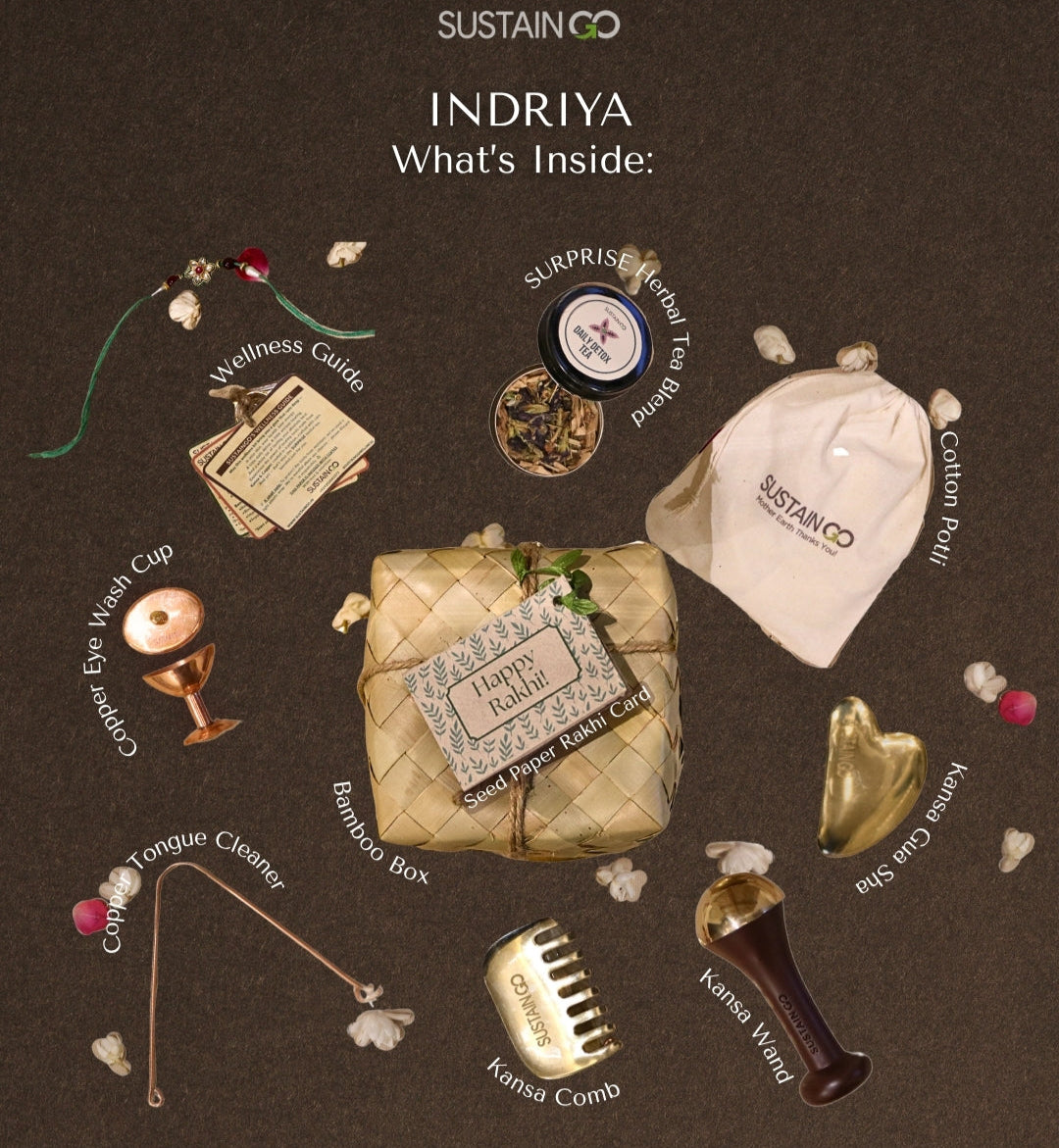Indriya: The Luxe Rakhi Wellness Kit | Set of 6 handcrafted healing tools (Kansa & Copper) + SURPRISE Herbal tea + Seed paper Rakhi card