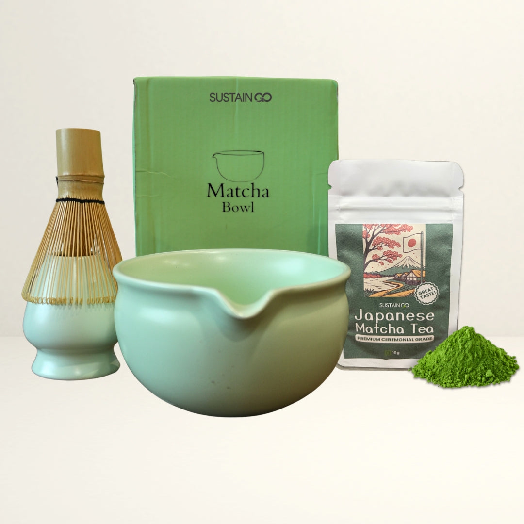 Green Matcha Tea Whisk Set 3 Pcs |Ceramic Matcha Bowl with a spout, Whisk Holder & Bamboo Whisk | Free Ceremonial Grade Matcha Tea 10g |SustainGo