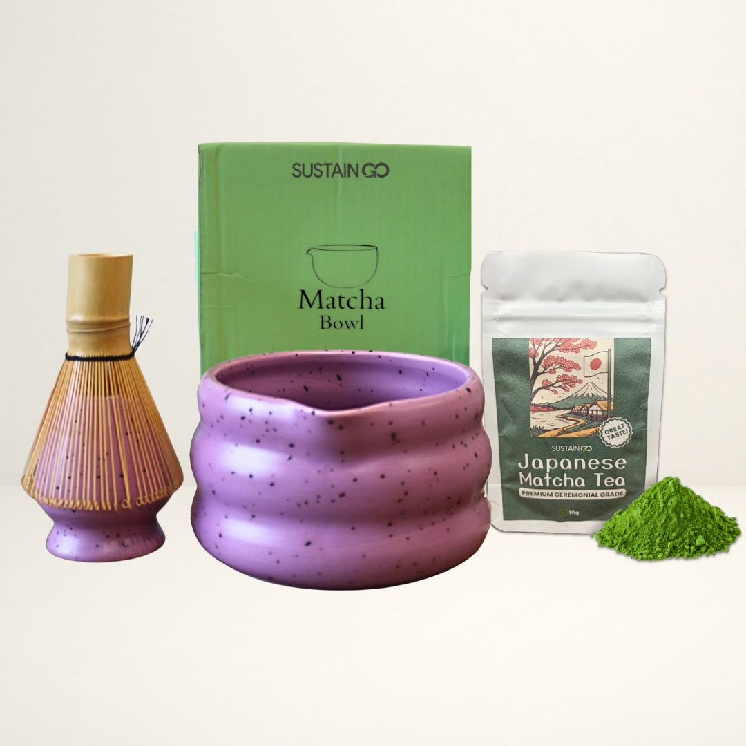 Purple Matcha Tea Whisk Set 3 Pcs |Ceramic Matcha Bowl with a spout, Whisk Holder & Bamboo Whisk | Free Ceremonial Grade Matcha Tea 10g |SustainGo