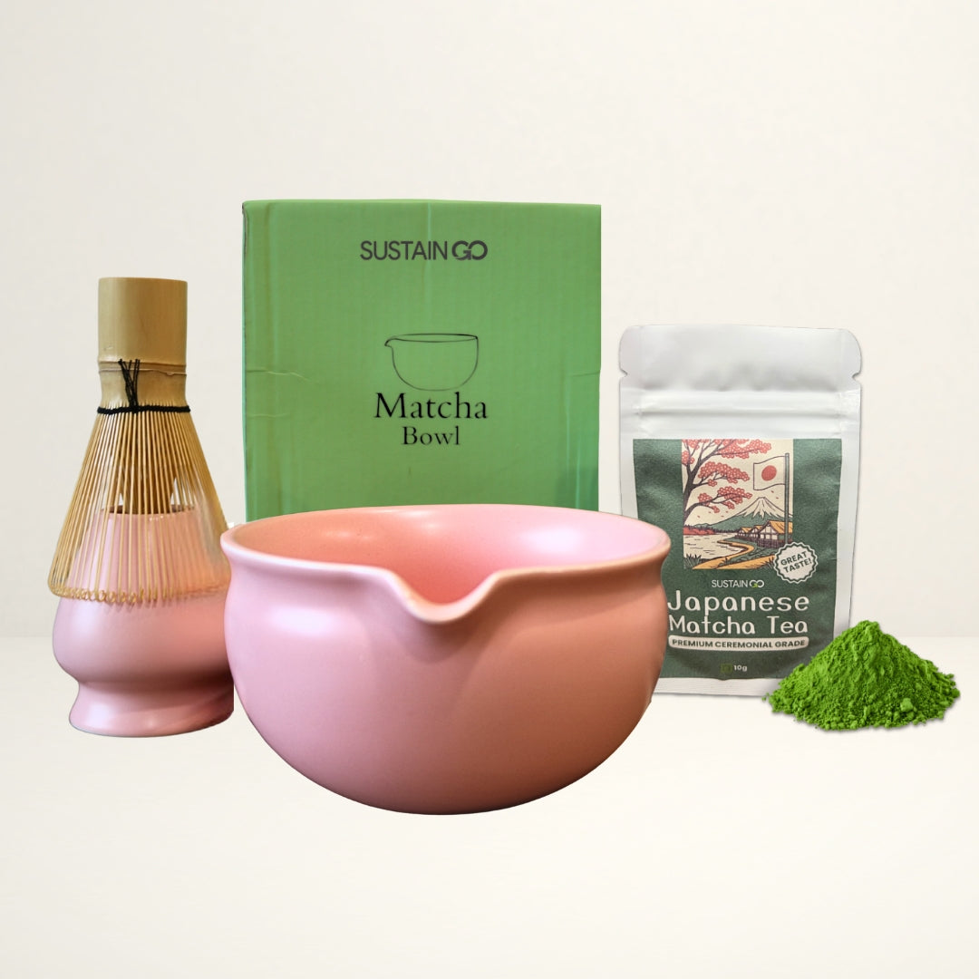 Pink Matcha Tea Whisk Set 3 Pcs |Ceramic Matcha Bowl with a spout, Whisk Holder & Bamboo Whisk | Free Ceremonial Grade Matcha Tea 10g |SustainGo