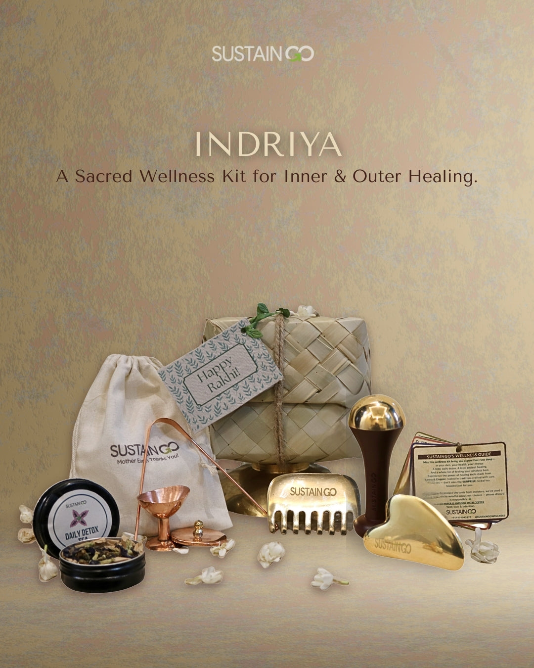 Indriya: The Luxe Rakhi Wellness Kit | Set of 6 handcrafted healing tools (Kansa & Copper) + SURPRISE Herbal tea + Seed paper Rakhi card