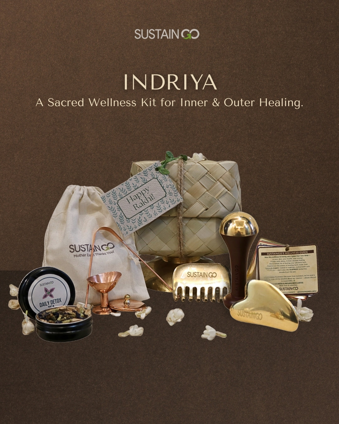 Indriya: The Luxe Rakhi Wellness Kit | Set of 6 handcrafted healing tools (Kansa & Copper) + SURPRISE Herbal tea + Seed paper Rakhi card