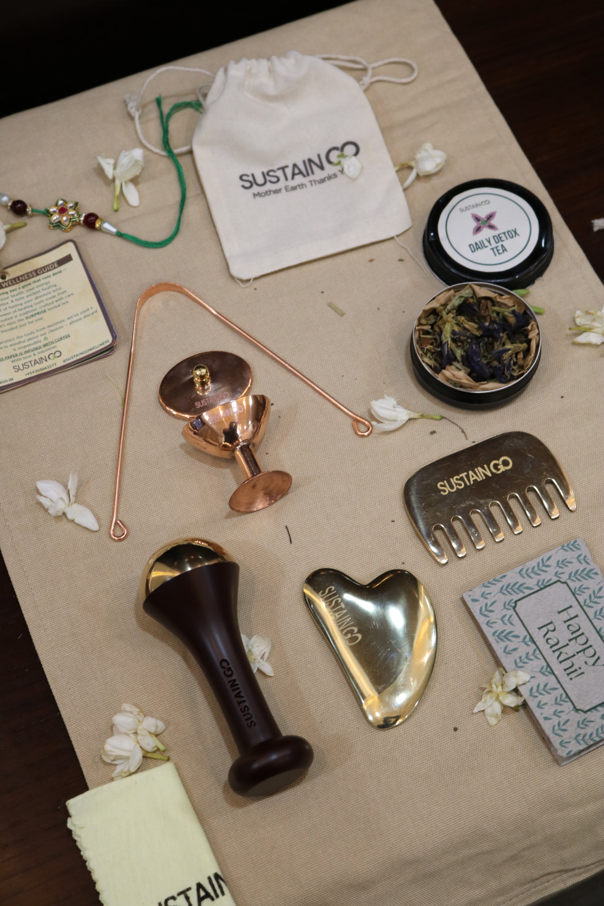 Indriya: The Luxe Rakhi Wellness Kit | Set of 6 handcrafted healing tools (Kansa & Copper) + SURPRISE Herbal tea + Seed paper Rakhi card