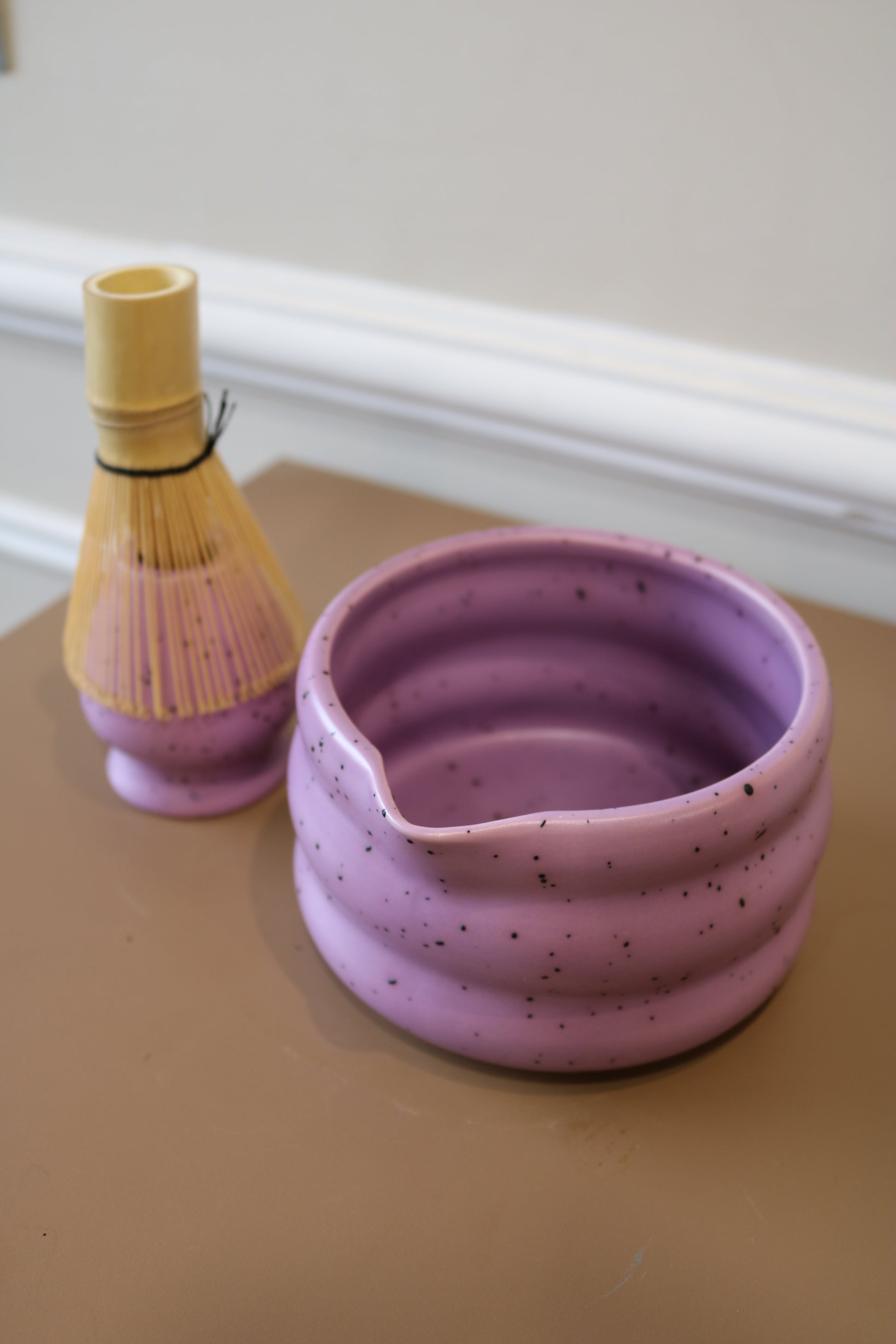 Purple Matcha Tea Whisk Set 3 Pcs |Ceramic Matcha Bowl with a spout, Whisk Holder & Bamboo Whisk | Free Ceremonial Grade Matcha Tea 10g |SustainGo