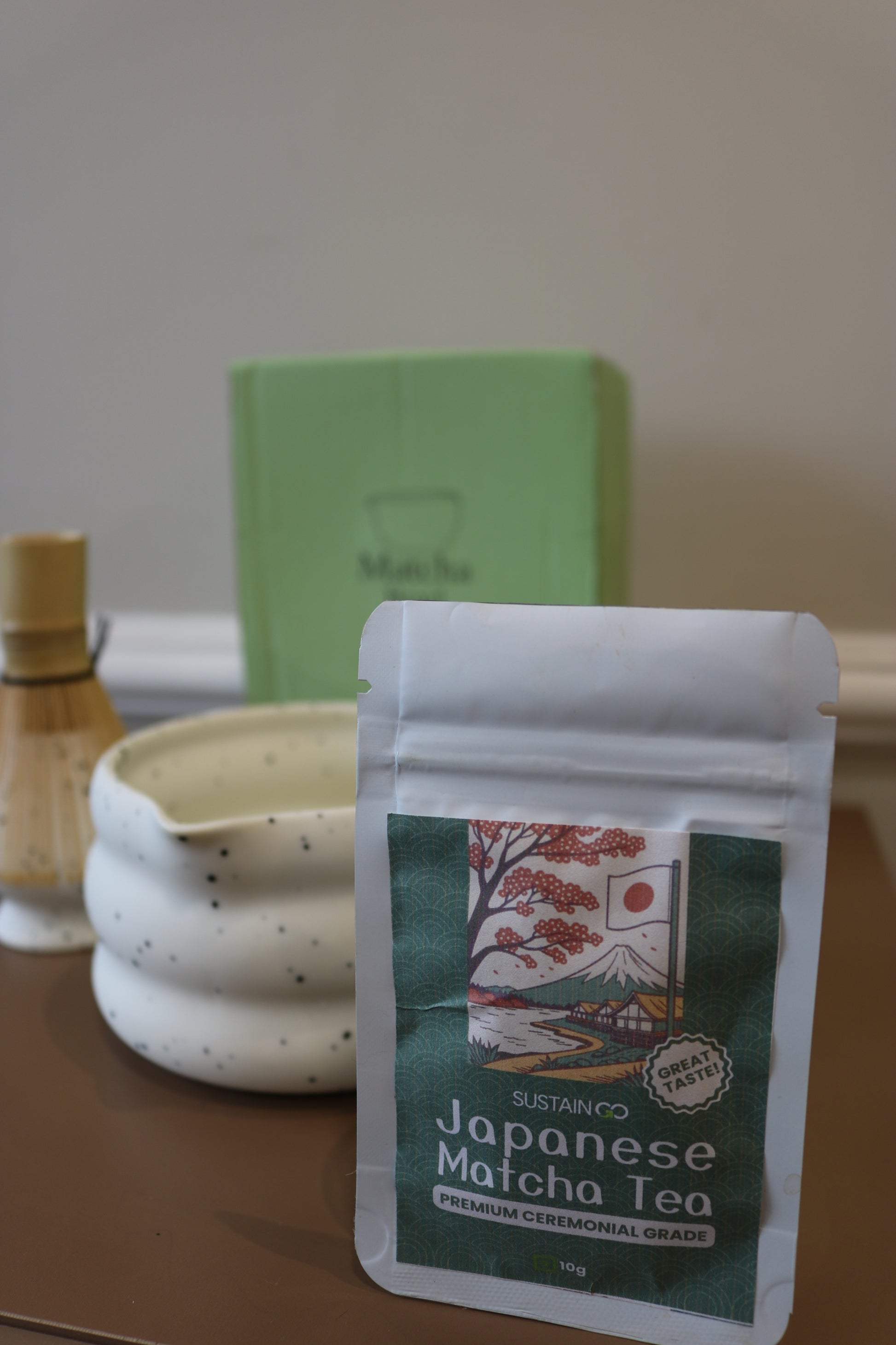 White & Black Matcha Tea Whisk Set 3 Pcs |Ceramic Matcha Bowl with a spout, Whisk Holder & Bamboo Whisk | Free Ceremonial Grade Matcha Tea 10g | SustainGo