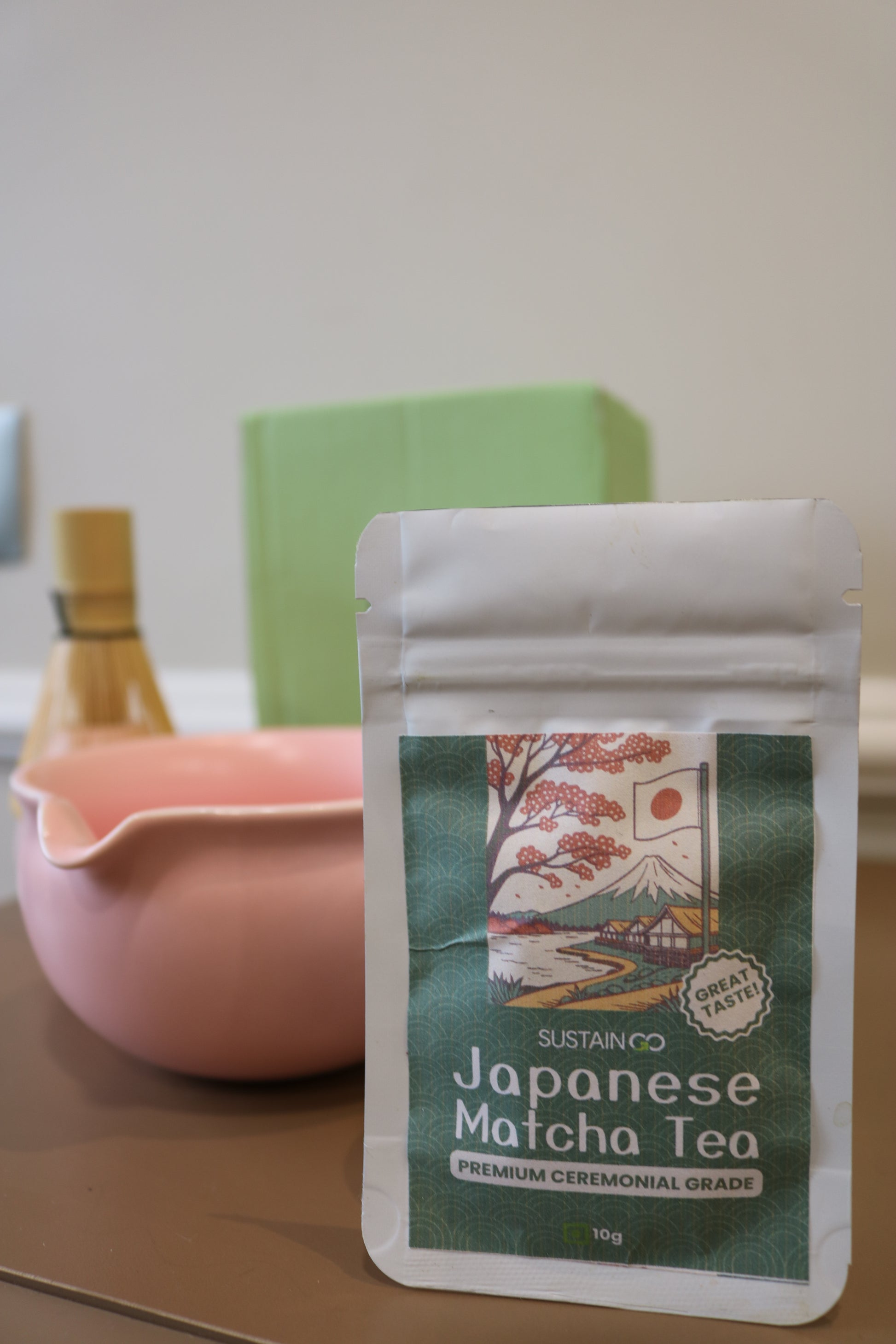 Pink Matcha Tea Whisk Set 3 Pcs |Ceramic Matcha Bowl with a spout, Whisk Holder & Bamboo Whisk | Free Ceremonial Grade Matcha Tea 10g |SustainGo