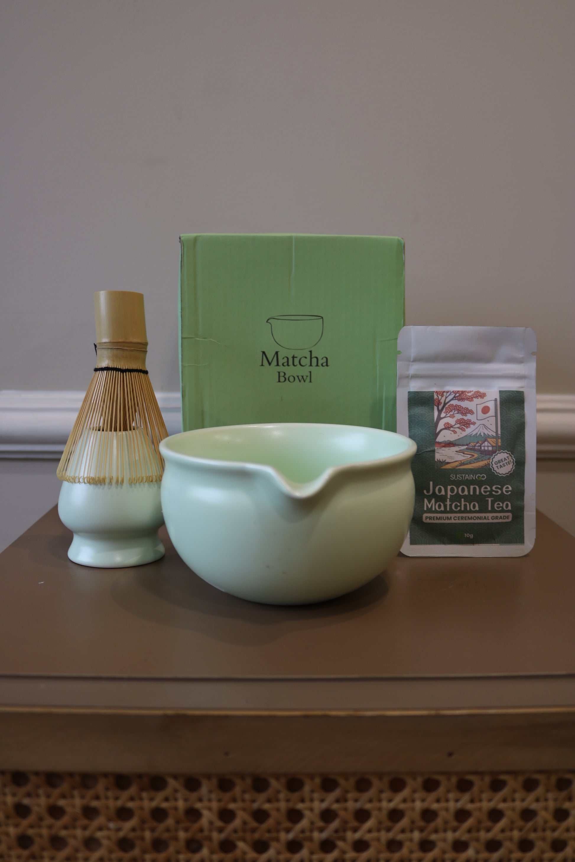 Green Matcha Tea Whisk Set 3 Pcs |Ceramic Matcha Bowl with a spout, Whisk Holder & Bamboo Whisk | Free Ceremonial Grade Matcha Tea 10g |SustainGo