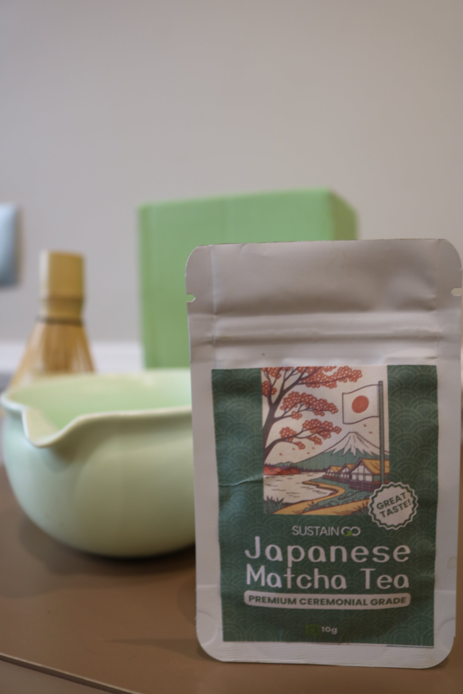 Green Matcha Tea Whisk Set 3 Pcs |Ceramic Matcha Bowl with a spout, Whisk Holder & Bamboo Whisk | Free Ceremonial Grade Matcha Tea 10g |SustainGo