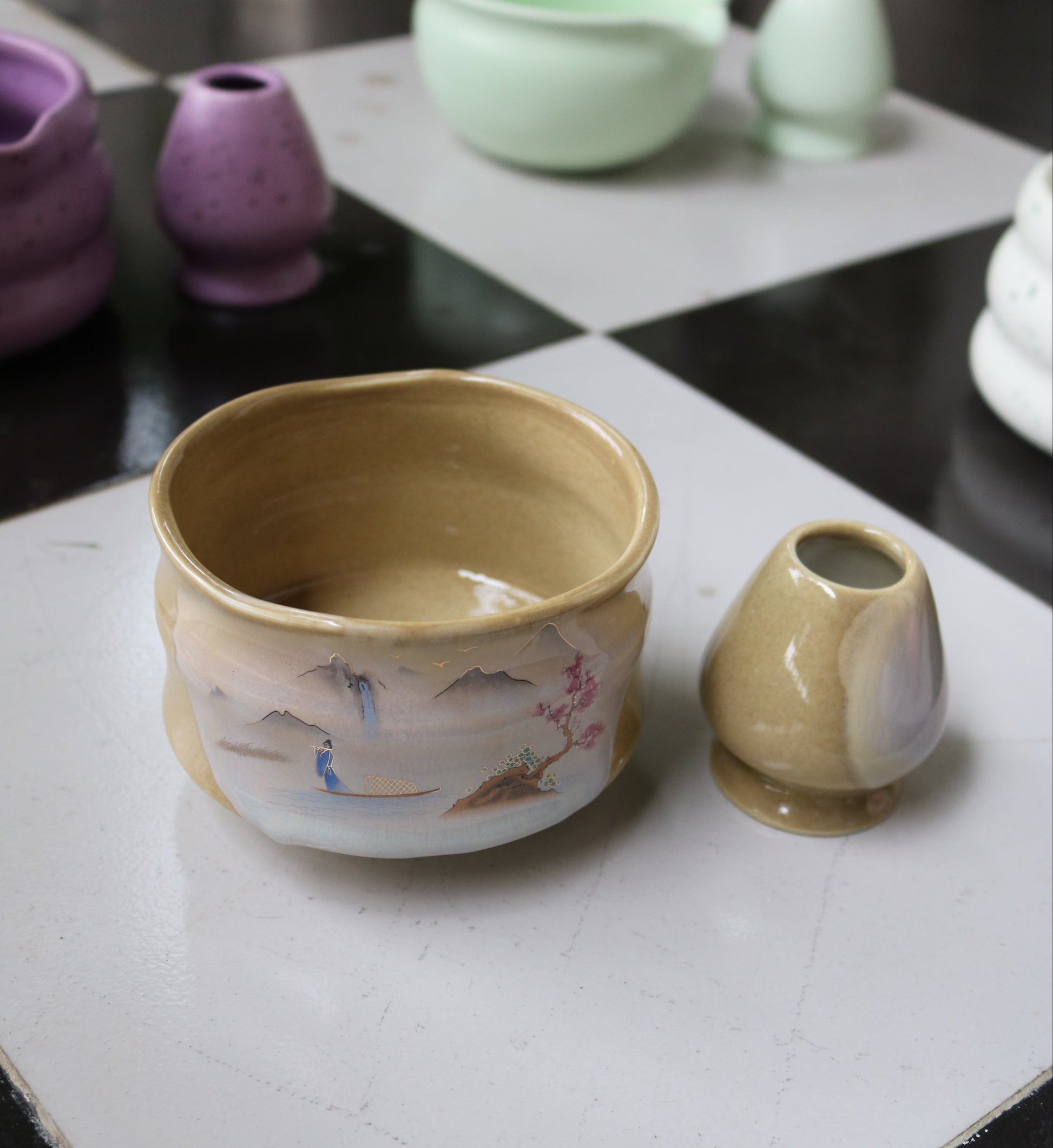 Japanese Art Matcha Tea Whisk Set 3 Pcs | Ceramic Matcha Bowl, Whisk Holder & Bamboo Whisk|SustainGo