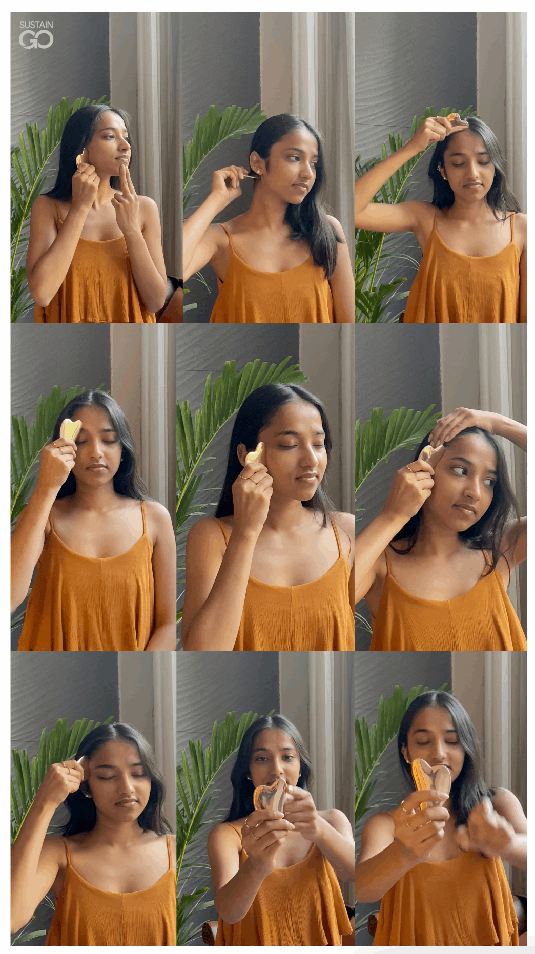 Step-by-step Gua Sha facial massage routine using Kansa Gua Sha facial tool for natural face sculpting and skin glow