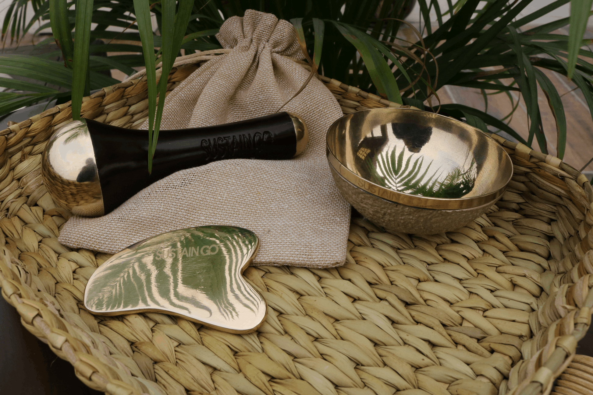 Kansa wand, Guasha, and Vatki bowl – traditional Ayurvedic tools used for marma massage and holistic wellness