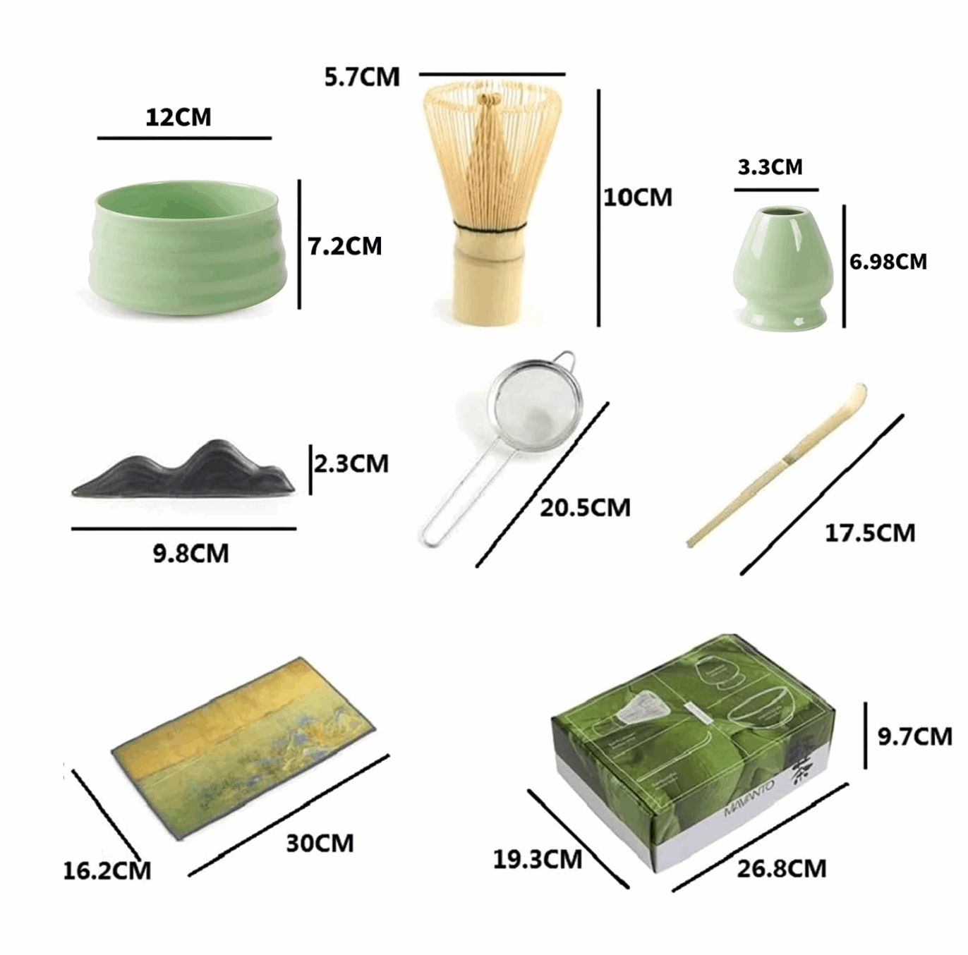 Dimensions of green Japanese matcha tea set – includes size of bowl, whisk, holder, and sifter for detailed product reference