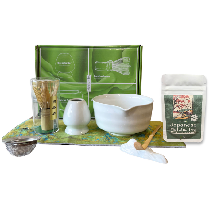 Green Ceramic Japanese Tea Set – 7Pcs Matcha Whisk & Bowl Gift Kit | SustainGo