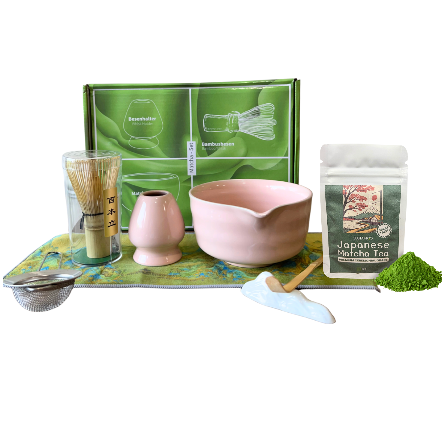 Green Ceramic Japanese Tea Set – 7Pcs Matcha Whisk & Bowl Gift Kit | SustainGo