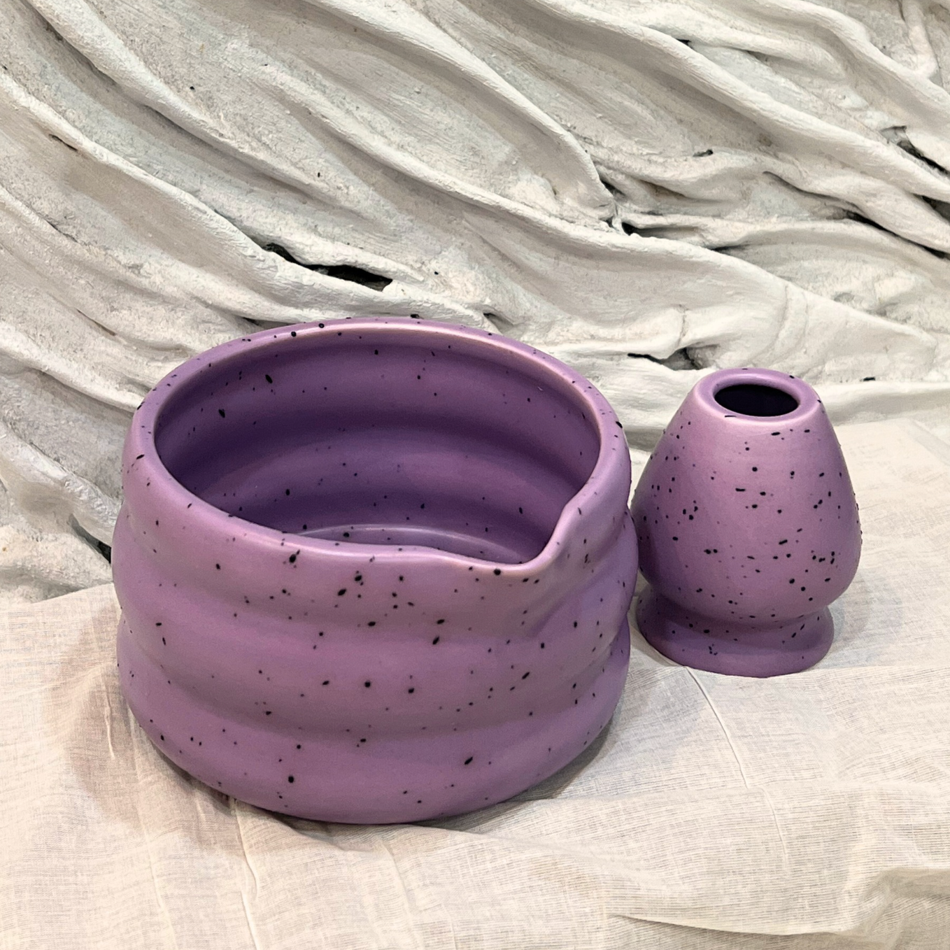 Purple Matcha Tea Whisk Set 3 Pcs |Ceramic Matcha Bowl with a spout, Whisk Holder & Bamboo Whisk | Free Ceremonial Grade Matcha Tea 10g |SustainGo