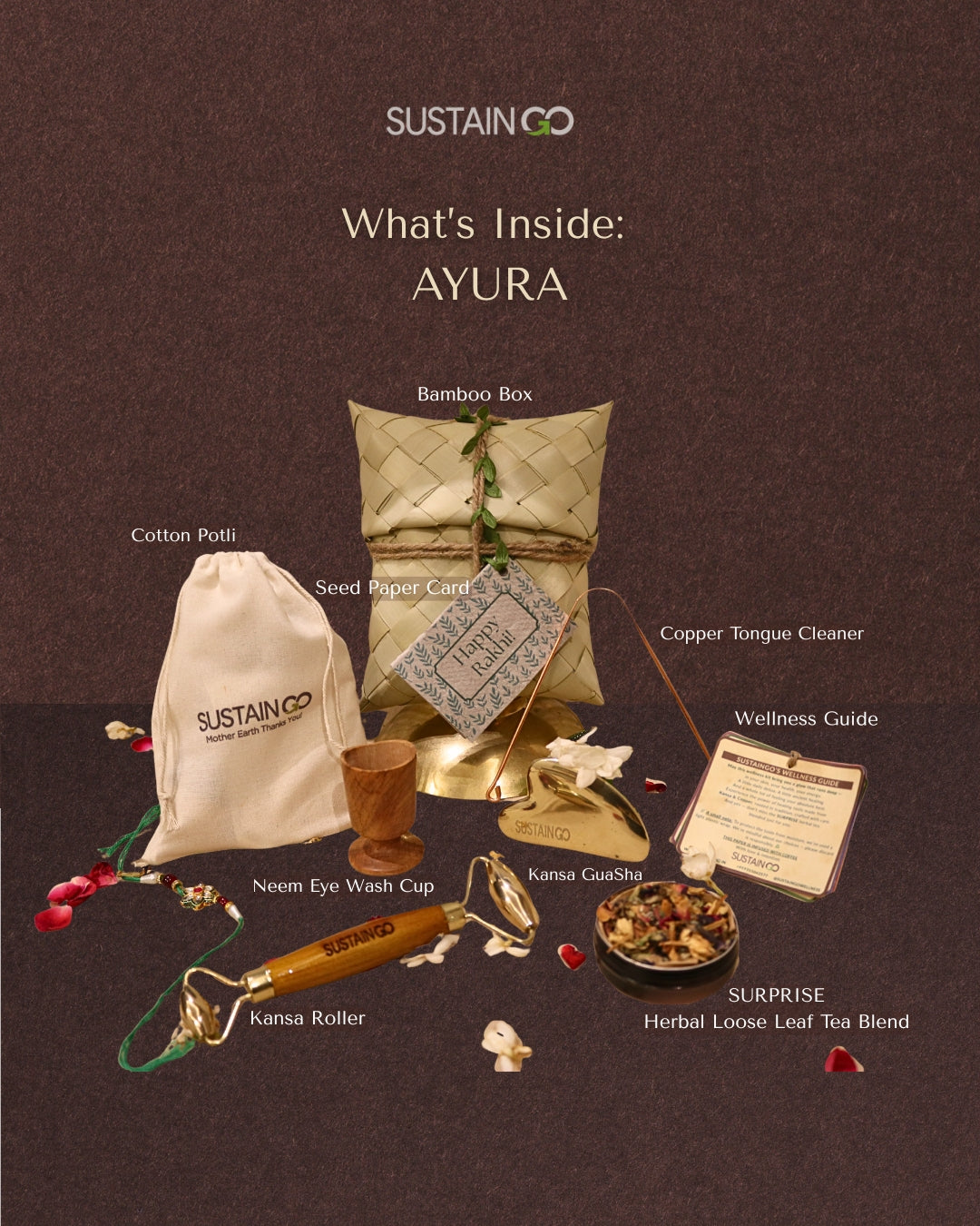 Ayura: The Rakhi Essentials Wellness Kit Set of 4 Ayurvedic Healing Tools + Surprise Tea Blend