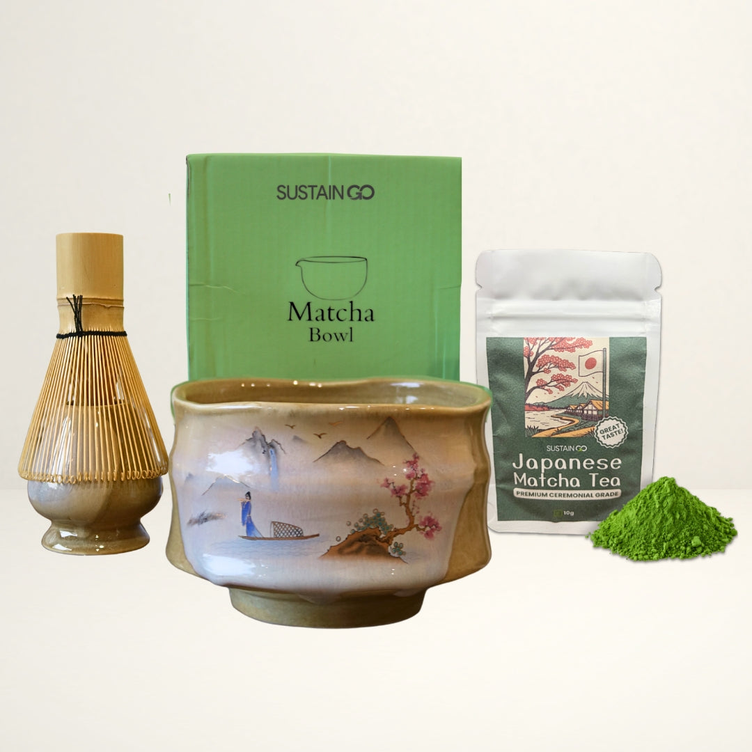 Japanese Art Matcha Tea Whisk Set 3 Pcs | Ceramic Matcha Bowl, Whisk Holder & Bamboo Whisk|SustainGo