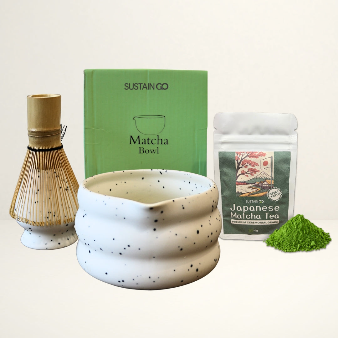 White & Black Matcha Tea Whisk Set 3 Pcs |Ceramic Matcha Bowl with a spout, Whisk Holder & Bamboo Whisk | Free Ceremonial Grade Matcha Tea 10g | SustainGo