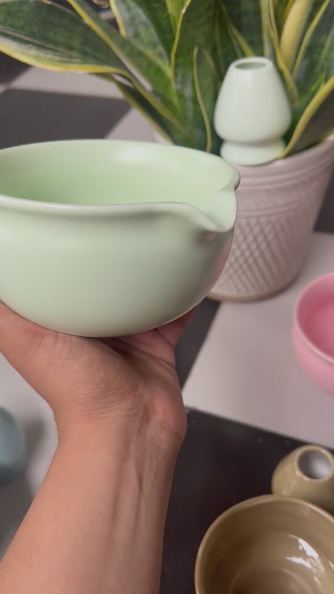 Green Matcha Tea Whisk Set 3 Pcs |Ceramic Matcha Bowl with a spout, Whisk Holder & Bamboo Whisk | Free Ceremonial Grade Matcha Tea 10g |SustainGo